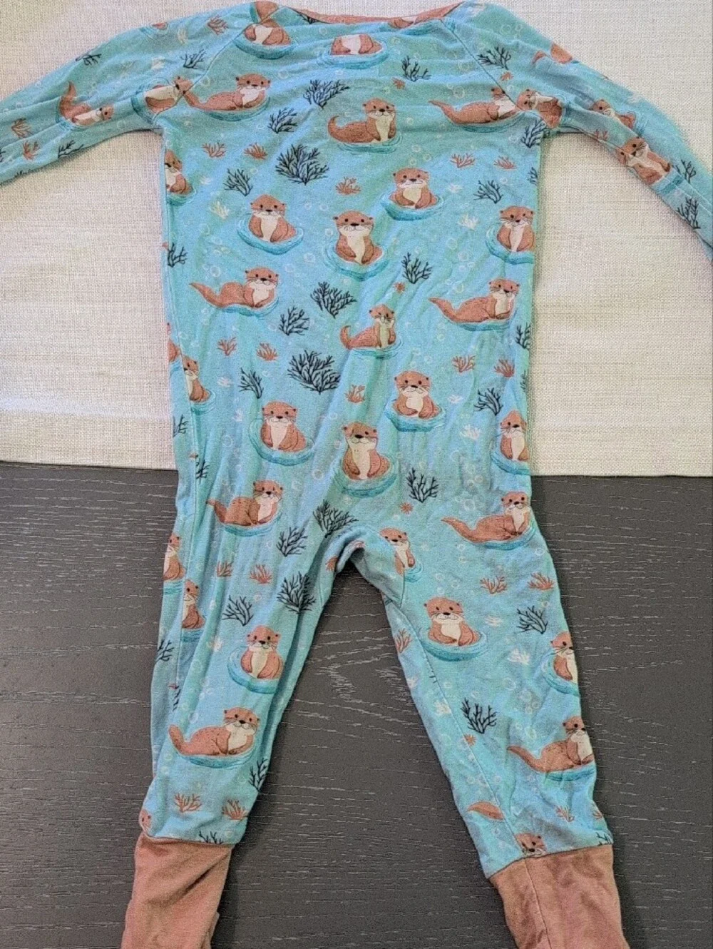 Kids Zip-Front One-Piece Pajamas in Light Blue with Otter Print